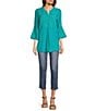 Color:Riteal - Image 3 - Floral Embroidered Split V- Neck 3/4 Flared Sleeve Pintuck Button Front Woven Tunic