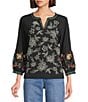 John Mark Floral Embroidered Split V-Neck 3/4 Tiered Sleeve Peasant Top - Image 1