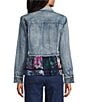 John Mark Floral Lace Denim Point Collar Long Sleeve Button Front Peplum Jacket, Color:Denim - Image 2