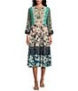 John Mark Floral Multi Print Embroidered Split V-Neck 3/4 Sleeve Cinched Tie A-Line Midi Dress, Color:Multi - Image 1