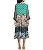 John Mark Floral Multi Print Embroidered Split V-Neck 3/4 Sleeve Cinched Tie A-Line Midi Dress, Color:Multi - Image 2