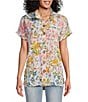 Color:Floral Multi - Image 1 - Floral Multi Print Wire Collar Short Sleeve Button Front Camp Shirt