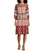 John Mark Floral Patchwork Embroidered Split Neck 3/4 Sleeve A-Line Midi Dress, Color:Burgandy - Image 1
