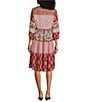 John Mark Floral Patchwork Embroidered Split Neck 3/4 Sleeve A-Line Midi Dress, Color:Burgandy - Image 2