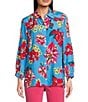 Color:Floral Multi - Image 1 - Floral Print Point Collar 3/4 Sleeve Button Front Top