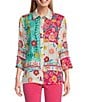 Color:Floral Multiple - Image 1 - Floral Print Point Collar 3/4 Sleeve Button Front Tunic