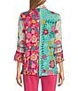 Color:Floral Multiple - Image 2 - Floral Print Point Collar 3/4 Sleeve Button Front Tunic