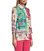Color:Floral Multiple - Image 3 - Floral Print Point Collar 3/4 Sleeve Button Front Tunic