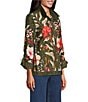 John Mark Floral Print Wire Collar 3/4 Cinched Tie Sleeve Button Front Shirt, Color:Dark Olive - Image 3