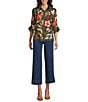 John Mark Floral Print Wire Collar 3/4 Cinched Tie Sleeve Button Front Shirt, Color:Dark Olive - Image 5