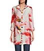 John Mark Floral Wire Collar Long Roll-Tab Sleeve Hi-Low Hem Button-Front Tunic, Color:Pink Floral - Image 1