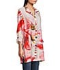 John Mark Floral Wire Collar Long Roll-Tab Sleeve Hi-Low Hem Button-Front Tunic, Color:Pink Floral - Image 3
