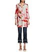 John Mark Floral Wire Collar Long Roll-Tab Sleeve Hi-Low Hem Button-Front Tunic, Color:Pink Floral - Image 5