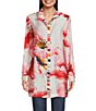 John Mark Floral Wire Collar Long Roll-Tab Sleeve Hi-Low Hem Button-Front Tunic, Color:Pink Floral - Image 6