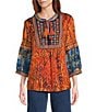 John Mark Geometric Boho Spice Marble Print Embroidered Tasseled Tie Split Neck 3/4 Sleeve Pheasant Blouse, Color:Sprit - Image 1