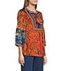 John Mark Geometric Boho Spice Marble Print Embroidered Tasseled Tie Split Neck 3/4 Sleeve Pheasant Blouse, Color:Sprit - Image 3