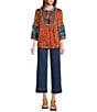 John Mark Geometric Boho Spice Marble Print Embroidered Tasseled Tie Split Neck 3/4 Sleeve Pheasant Blouse, Color:Sprit - Image 5