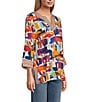 John Mark Geometric Abstract Print Embroidered Split V-Neck 3/4 Sleeve Tunic, Color:Geometric Multicolor - Image 3