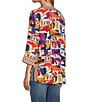 John Mark Geometric Abstract Print Embroidered Split V-Neck 3/4 Sleeve Tunic, Color:Geometric Multicolor - Image 4