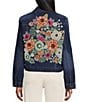 Color:Medium Denim - Image 2 - Hand Stitch Floral Embroidered Point Collar Long Sleeve Button Front Denim Jacket