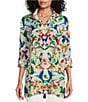 Color:Multiple - Image 1 - Humming Bird Print Wire Collar Roll-Tab Sleeve Button Front Tunic