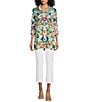 Color:Multiple - Image 6 - Humming Bird Print Wire Collar Roll-Tab Sleeve Button Front Tunic