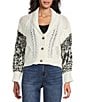 John Mark Knit Patchwork Print Shawl Collar Embroidered Long Sleeve Button Front Cardigan, Color:Ivory - Image 1