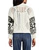 John Mark Knit Patchwork Print Shawl Collar Embroidered Long Sleeve Button Front Cardigan, Color:Ivory - Image 2