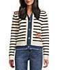 John Mark Knit Stripe Floral Embroidered Denim Trimmed Point Collar Long Sleeve Button Front Jacket, Color:Ivory Black - Image 2
