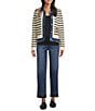John Mark Knit Stripe Floral Embroidered Denim Trimmed Point Collar Long Sleeve Button Front Jacket, Color:Ivory Black - Image 4