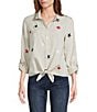 John Mark Linen Allover Embroidered Stars Wire Collar Long Roll-Tab Sleeve Button Front Tie Blouse, Color:Flax - Image 3