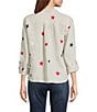 John Mark Linen Allover Embroidered Stars Wire Collar Long Roll-Tab Sleeve Button Front Tie Blouse, Color:Flax - Image 4