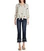 John Mark Linen Allover Embroidered Stars Wire Collar Long Roll-Tab Sleeve Button Front Tie Blouse, Color:Flax - Image 5