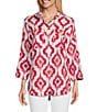 Color:Fuchsia Print - Image 1 - Linen Blend Wire Collar Button Front Roll Tab Sleeve Tunic