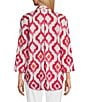 Color:Fuchsia Print - Image 2 - Linen Blend Wire Collar Button Front Roll Tab Sleeve Tunic