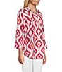Color:Fuchsia Print - Image 3 - Linen Blend Wire Collar Button Front Roll Tab Sleeve Tunic