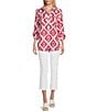 Color:Fuchsia Print - Image 5 - Linen Blend Wire Collar Button Front Roll Tab Sleeve Tunic