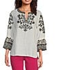 John Mark Linen Embroidered Split V-Neck 3/4 Sleeve Tunic, Color:Black White - Image 1