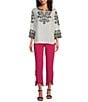 John Mark Linen Embroidered Split V-Neck 3/4 Sleeve Tunic, Color:Black White - Image 3