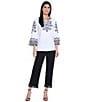 John Mark Linen Embroidered Split V-Neck 3/4 Sleeve Tunic, Color:Black White - Image 5