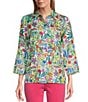 Color:Floral Multiple - Image 1 - Linen Floral Print Point Collar 3/4 Sleeve Button Front Tunic