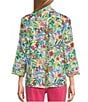 Color:Floral Multiple - Image 2 - Linen Floral Print Point Collar 3/4 Sleeve Button Front Tunic
