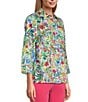 Color:Floral Multiple - Image 3 - Linen Floral Print Point Collar 3/4 Sleeve Button Front Tunic