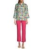 Color:Floral Multiple - Image 5 - Linen Floral Print Point Collar 3/4 Sleeve Button Front Tunic