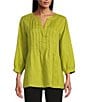 John Mark Linen Y-Neck Roll Tab Sleeve Pintuck Tunic, Color:Chart - Image 5