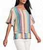 John Mark Linen Yarn-Dye Stripe Scoop Neck Short Flounce Sleeve Top - Image 1
