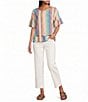 John Mark Linen Yarn-Dye Stripe Scoop Neck Short Flounce Sleeve Top - Image 5