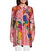 Color:Multiple - Image 1 - Map Print Point Collar Button Front Long Roll-Tab Sleeve Tunic