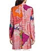 Color:Multiple - Image 2 - Map Print Point Collar Button Front Long Roll-Tab Sleeve Tunic