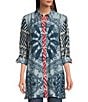 John Mark Medallion Abstract Print Point Collar Long Roll-Tab Sleeve Button Front Tunic, Color:Blue Print - Image 1